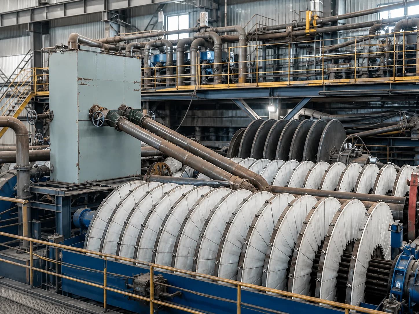 Iron ore dewatering equipment with circular vacuum filter discs and process piping