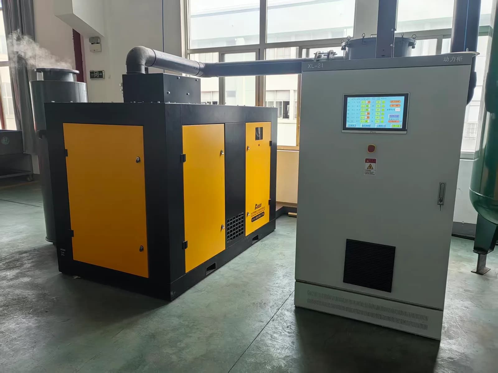 TF105 dry screw vacuum pump package installed at a customer site for plastic forming vacuum application review