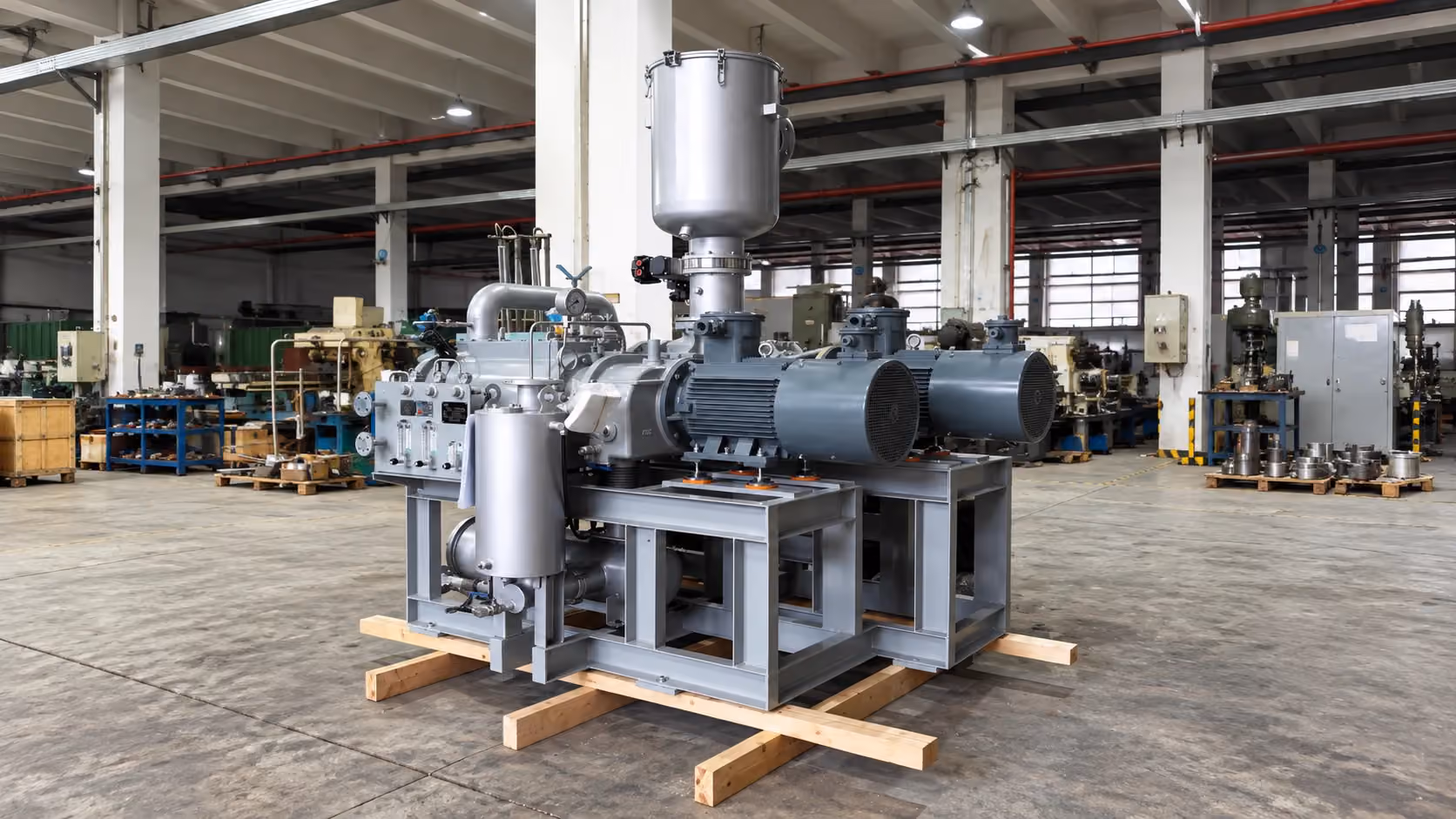 Dry screw vacuum pump package in a factory setting, shown as a general visual introduction to this working-principle overview