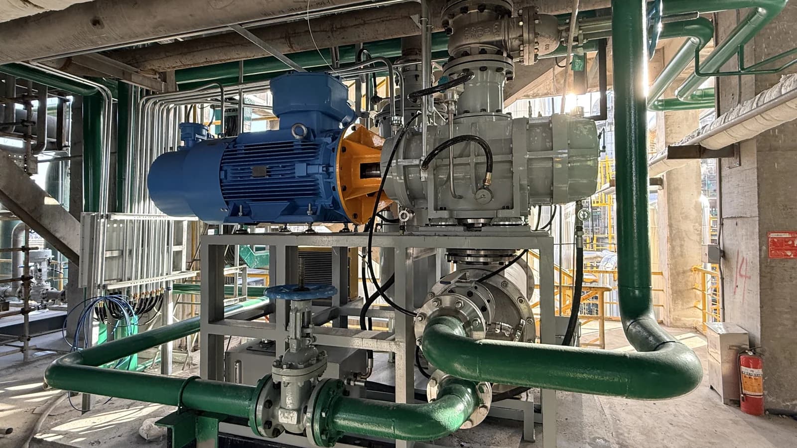 TF175 dry screw vacuum pump installed at a customer site with process piping and vacuum system connections