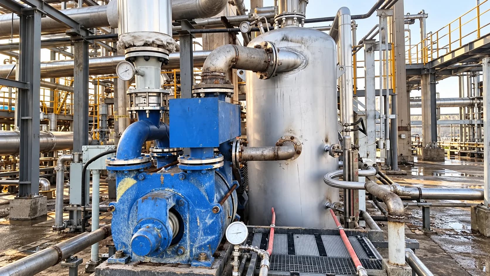 AI-generated illustrative banner based on an approved customer-site equipment reference, showing an existing blue water-ring vacuum pump, separator vessel, gauges, and connected pipework; generic replacement-review context, not a customer-site record or standard configuration
