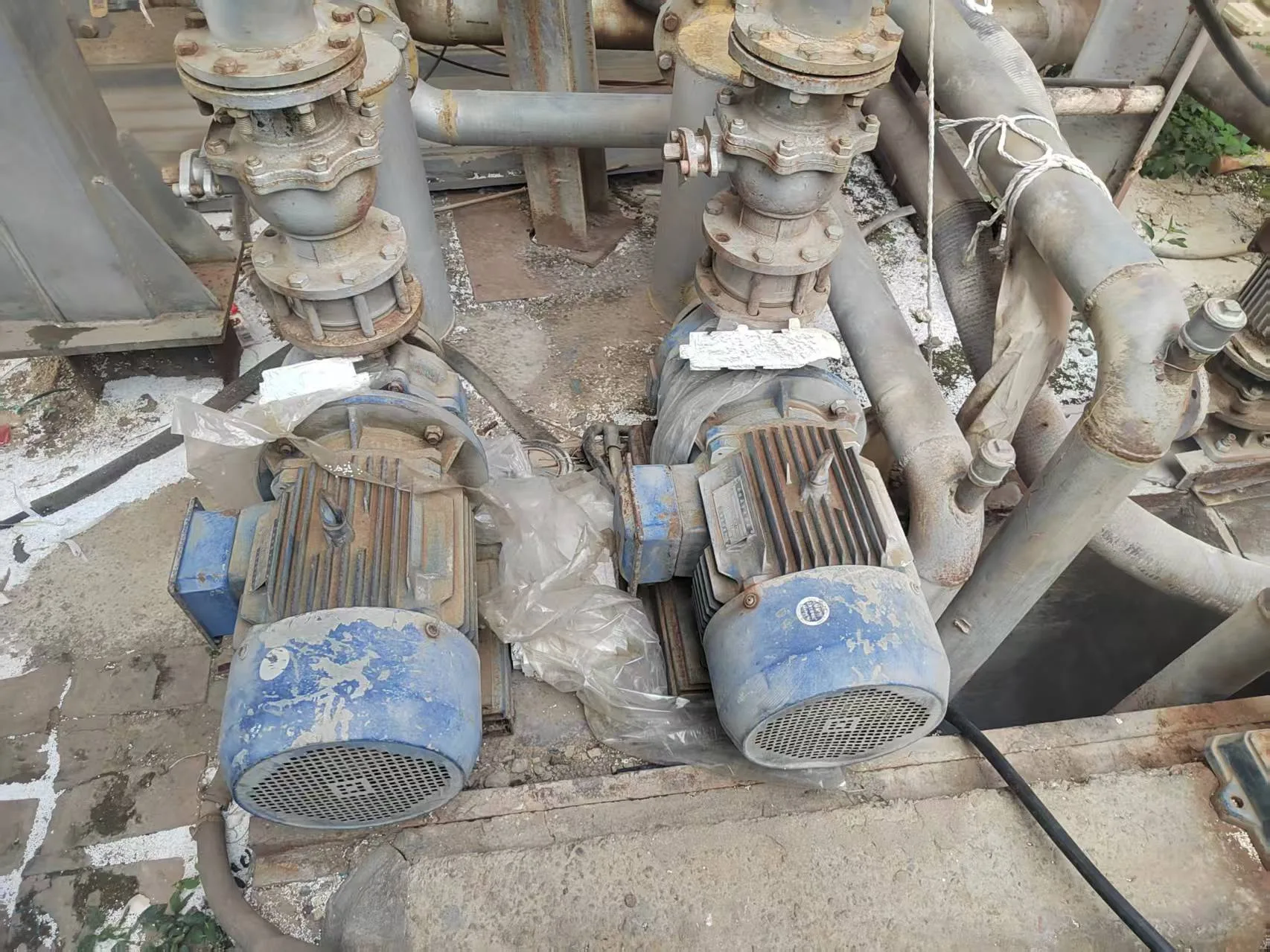 Two water-ring vacuum pumps with connected piping; the image does not confirm a shared-header layout, equipment condition, capacity, or performance result.