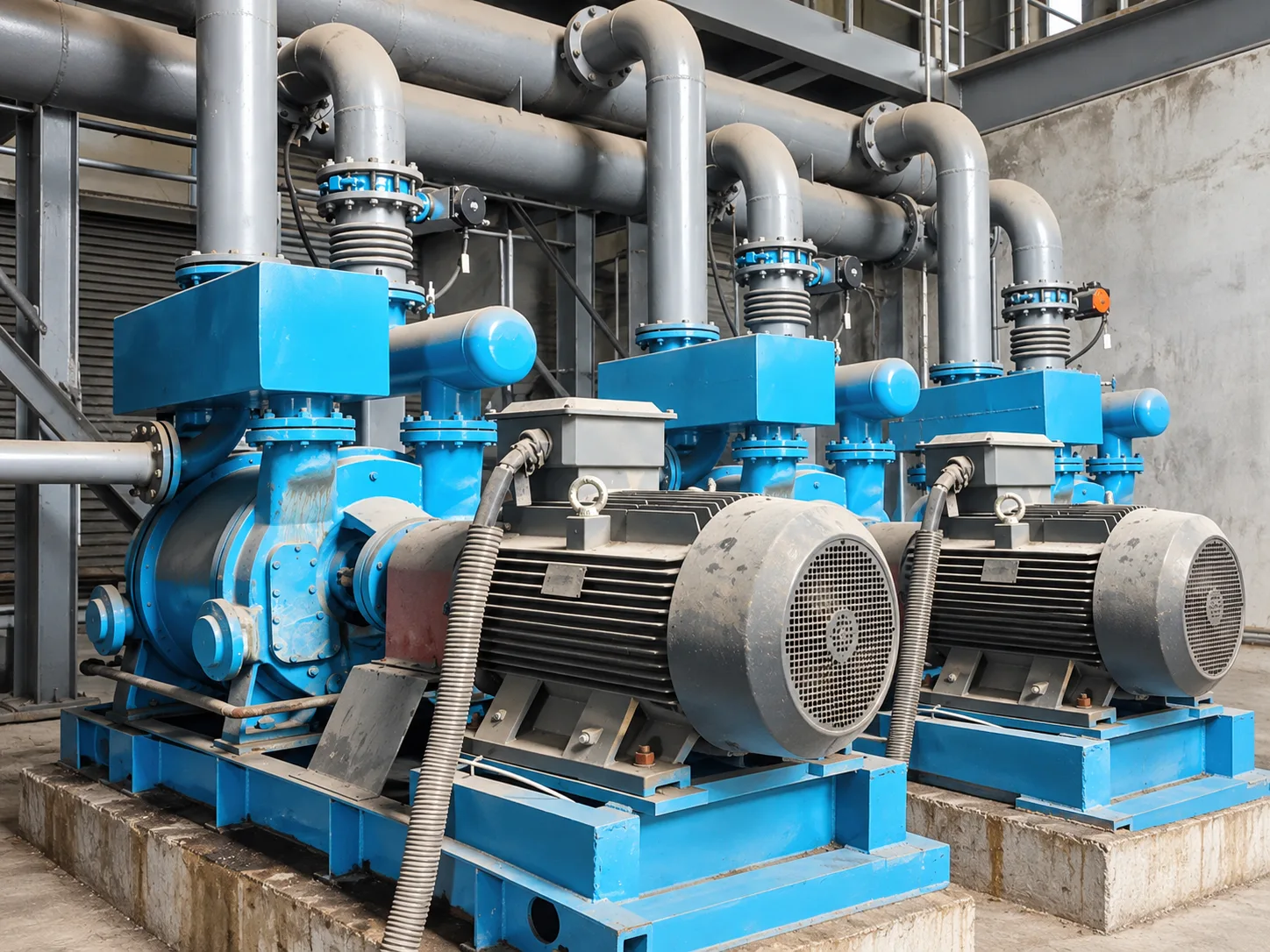 Two water-ring vacuum pumps with electric motors and overhead piping; the image does not confirm a shared-header layout, equipment condition, capacity, or performance result.