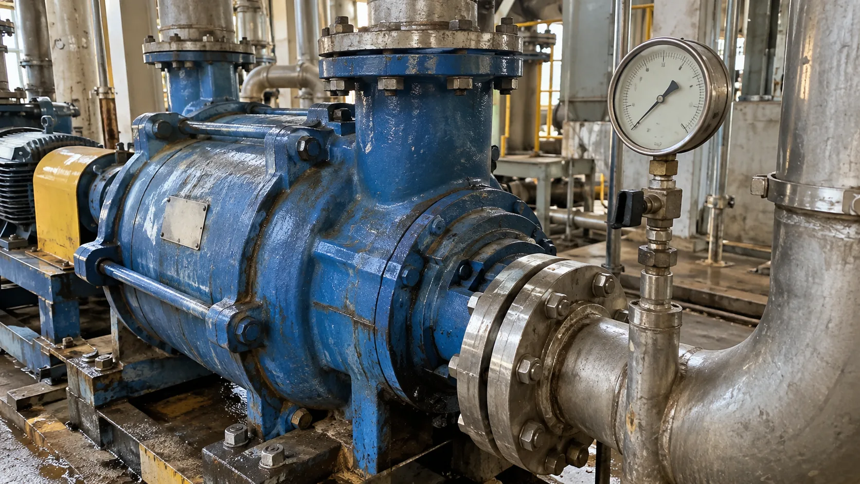 AI-generated illustrative close-up of a water-ring vacuum pump, pressure gauge, and inlet piping; visual context for first-review data, not a customer-site record or operating value.
