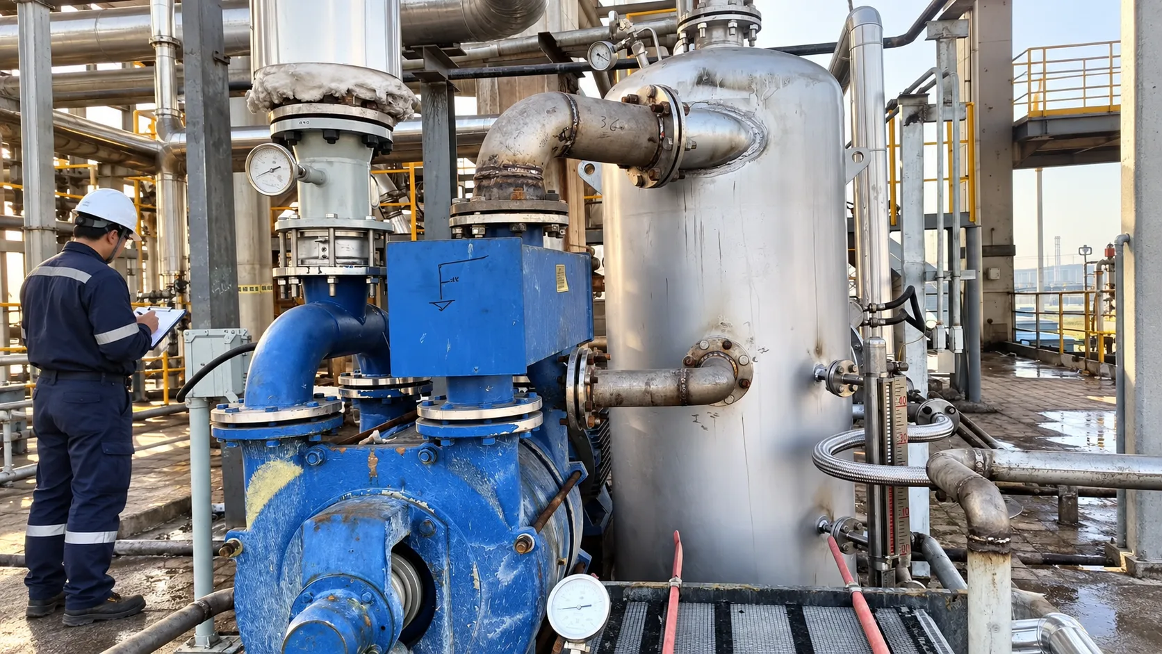 AI-generated illustrative photo, based on an approved customer-site equipment reference, of an engineer reviewing a water-ring vacuum pump, separator vessel, gauges, and connected piping; visual context only, not a customer-site record or standard configuration.